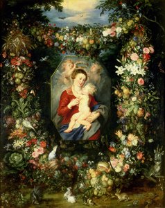 处女和小孩在水果和花的花环，c.1614-18