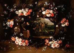 1653年安特卫普在他的物业面前代表尼古拉斯·德曼的鲜花环绕花环的花环