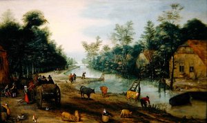 夏天的森林河流景观和到达客栈的旅行者（油画板）。 作者 Jan the Elder（圆圈）Brueghel