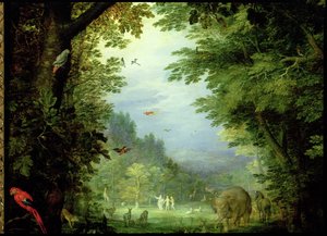 地球或地球天堂，亚当和夏娃的细节与上帝和其他动物，1607-08油在93899的铜细节