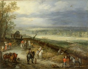 乡间小路上旅行者的广阔风景，约 1608-10 年（铜版油画） 作者 简·布鲁格尔·扬