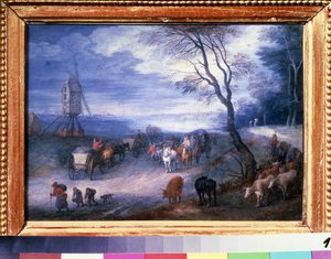 扬-勃鲁盖尔一世（让-勃鲁盖尔、勃鲁盖尔或勃鲁盖尔）的绘画作品 "有风车的风景"，被称为 De Velours（腹股沟或老人）。 作者 简·布鲁格尔·扬