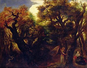 与Hagar和天使的树木繁茂的风景，c.1645