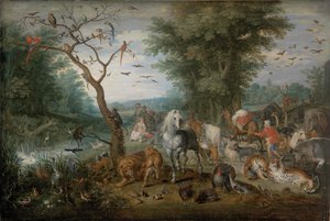 有动物的天堂景观 - Peinture de Jan Brueghel the Younger (1601-1678) - 1613-1615 - 木上油 - 61x90,2 - Szepmuveszeti Muzeum，布达佩斯