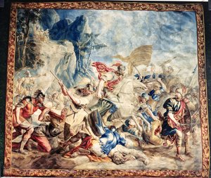 以色列人和亚米利克人之战，出自 Frans 和 Pieter van der Borcht 的工作室（丝绸挂毯） 作者 扬·范（之后）奥利
