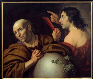 赫拉克利特和德谟克利特 希腊哲学家以弗所的赫拉克利特（Heraclitus）（公元前535-475）和德谟克利特（Democritus）（公元前460-370）。 Jan van Bijlert (1597-1671) 17 世纪乌得勒支的绘画。 中央博物馆