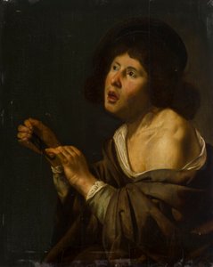 一个拿着乐器的男孩的肖像（板上油画，铺在板上）。 作者 Jan van Bijlert或Bylert