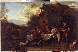 La joyeuse assemblee（欢乐聚会）。Jan Miel（1599-1664 年）的绘画作品。巴洛克艺术风格。蜡染。I. Kramskoi 地区艺术博物馆，沃罗涅日（俄罗斯沃罗涅日）。