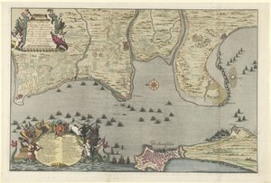1702 年同盟国在加的斯登陆和远征的地图
奥尔蒙特公爵和斯帕尔少将及男爵于 8 月 26 日至 8 月 28 日在加的斯附近的西班牙与马赛的登陆地图 作者 扬·范·考尔（一）