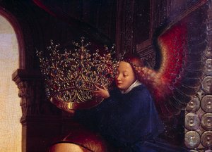 An angel crowning the Virgin. Detail of “” The Virgin of Chancellor Rolin””” Nicolas Rolin (1376-1461) was Chancellor of Burgundy under Philippe Le Bon and founder of the Hospices de Beaune in 1443. Painting by Jan van Eyck (1390-1441) 作者 扬·范·埃克