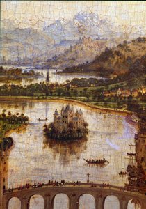 风景”“细节”“总理罗林的圣母””尼古拉斯·罗林（1376-1461）是菲利普·勒庞（Philippe Le Bon）领导下的勃艮第总理，1443 年是博讷临终关怀医院的创始人。扬·范·艾克（Jan van Eyck）（1390-1441）的绘画 作者 扬·范·埃克