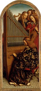 根特祭坛画。神秘羔羊的崇拜：做音乐的天使，1432年。 作者 Jan van Eyck