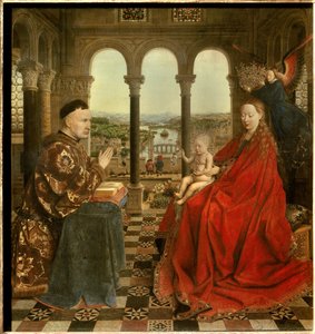 The Virgin of Chancellor Rolin Nicolas Rolin (1376-1461) was Chancellor of Burgundy under Philippe Le Bon and founder of the Hospices de Beaune in 1443. Painting by Jan van Eyck (1390-1441). 15th century Sun. 0,66x0,62 m Paris, - The Virgin of Chancellor R 作者 扬·范·埃克