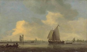 默韦德河（Merwede）和默韦德城堡（Huis te Merwede）废墟的景观；背景为多德雷赫特（Dordrecht