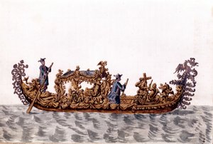皇家贡多拉。 Jan van Grevenbroek（或 Giovanni Grevenbroich (Grevenbroich)（1731-1807））手稿“威尼斯人的习俗”中的水彩画和墨水 作者 扬·范·格雷文布罗克