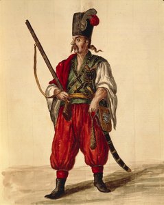 Carabineer制服，由Jan van Grevenbroeck或Giovanni Grevembroch（1731-1807）创作，Gli Abiti de Veneziani，来自服装图鉴，水彩。 作者 扬·范·格雷文布罗克