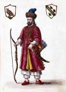 马可波罗。 Jan van Grevenbroek（或 Giovanni Grevenbroich (Grevenbroich)（1731-1807））手稿“威尼斯人的习俗”中的水彩画和墨水 作者 扬·范·格雷文布罗克