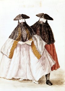 威尼斯狂欢节面具。 来自 Jan van Grevenbroek（或 Giovanni Grevenbroich (Grevenbroich)（1731-1807）的手稿“威尼斯人的习俗”）的水彩画和墨水 作者 扬·范·格雷文布罗克