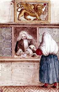 当铺。 威尼斯的虔诚山。 来自 Jan van Grevenbroeck（或 Giovanni Grevembroch (Grevenbroch)（1731-1807））手稿“威尼斯人的习俗”的水彩画和墨水 作者 扬·范·格雷文布罗克
