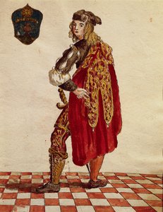 1564年卡尔扎兄弟会（Stocking）骑士的套装，由Jan van Grevenbroeck或Giovanni Grevembroch（1731-1807）创作，Gli Abiti de Veneziani，来自服装图鉴，水彩。 作者 扬·范·格雷文布罗克