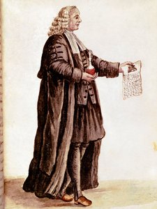 药剂师手里拿着一个小药瓶和一张处方 从 Jan van Grevenbroeck（或 Giovanni Grevembroch (Grevenbroch)（1731-1807）的手稿中绘制水彩和墨水） 作者 扬·范·格雷文布罗克
