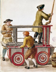 使用水泵或液压泵来自 Jan van Grevenbroeck（或 Giovanni Grevembroch (Grevenbroch)（1731-1807）手稿的水彩画和墨水） 作者 扬·范·格雷文布罗克