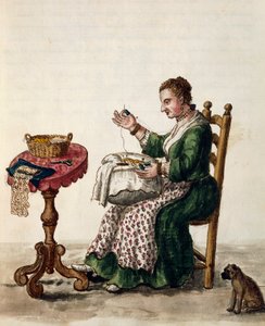 妇女在制作阿里亚针刺花边，约1754年，插图来自《威尼斯服装图鉴》，第三卷，约147页，作者Jan Grevenbroeck（1731-1807），水彩画，意大利 作者 扬·范·格雷文布罗克