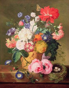 赤土陶器花，1744（面板）（对68874） 作者 扬·范·休森（Jan van Huysum）