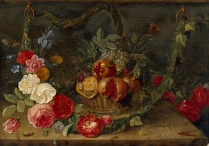装饰性静物构图与一篮子水果，17世纪中期 作者 扬·范·凯塞尔（Jan van Kessel）