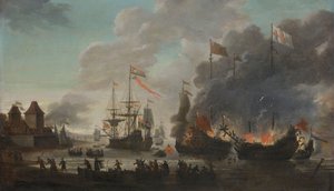 1667 年 6 月 20 日，荷兰人袭击梅德韦河期间，荷兰人焚烧英国船只 作者 扬·范·莱登（Jan van Leyden）