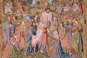 佛兰德挂毯。 系列基督的受难：从十字架上下来（Kruisafneming，Descendimiento de la cruz）。 彼得·范·艾尔斯特 (Pieter van Aelst) 制造商。 漫画家扬·范·鲁姆。 约 1507-1520 年。 细节。 作者 扬·范·罗姆
