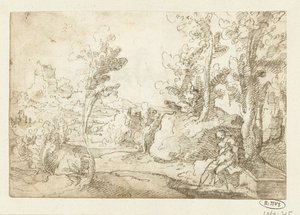 人物坐在井边的风景 作者 Jan van Scorel（归因于）