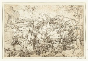 有岩石、人物和帆船的风景画 作者 Jan van Scorel（归因于）