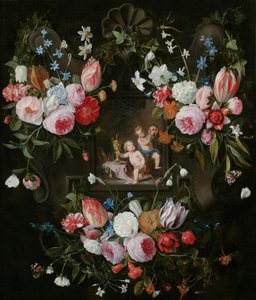 花花公子的静物画围绕着与昂贵的物体和面具的Putti的寓言形象，1648年