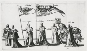 查理五世皇帝葬礼上的帝国旗帜 作者 Jan van 和 Doetechum Lucas van 和 Bol Hans Doetechum the Elder