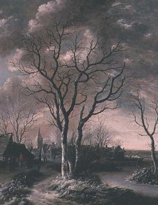 冰冻的河流景观和小路上的旅行者 作者 Jan van de Capelle或Cappelle