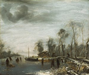 1653年，在冰冻的水道上有溜冰者和足球运动员的冬季风景 作者 Jan van de Capelle或Cappelle