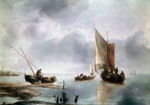 一艘小船在轻风中，另一艘在岸上，约1650-1660年，由Jan van de Cappelle（1624-约1679）创作，布面油画，34，8x48 作者 Jan van de Capelle或Cappelle
