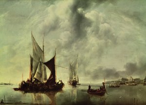 1651年后在海岸附近平静或航行的船只（布面油画） 作者 Jan van de Capelle或Cappelle