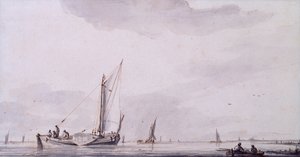 平静河口的渔民和帆船（钢笔、墨水和水墨） 作者 Jan van de Capelle或Cappelle
