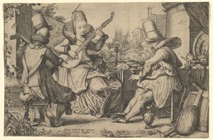 花园里两个衣着优雅的男人和一个女人，1613-41。