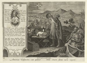 Amerigo Vespucci 用星盘发现南十字星，来自 Nova Reperta，酒吧。 1600（雕刻） 作者 扬·范德·斯特雷特