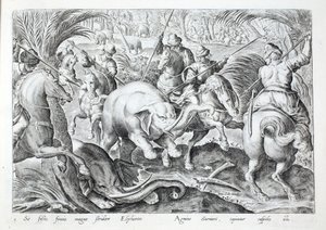 大象被猎人的长矛击中时会发出巨大的噪音，插图来自“Venationes、Ferarum、Avium、Piscium”（狩猎：野兽、鸟类、鱼类），由 Jan Collaert（1566-1628 年）雕刻，酒吧。 作者：Phillipus Gallaeus，阿姆斯特丹（雕刻） 作者 扬·范德 (1523 1605) 大街
