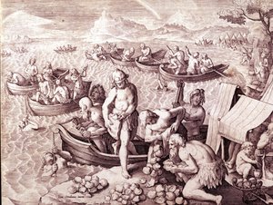牡蛎钓鱼。 17世纪。 Giovanni Stradano (Jan Van Der Straet) (Johannes Stradanus) (1523-1605) 的雕刻。 作者 扬·范德·斯特雷特