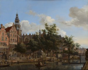 1670年，阿姆斯特丹的Oudezijds Voorburgwal和Oude Kerk的景色（面板上的油） 作者 扬·范德·海登