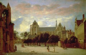 从南边看韦尔的Grote Kerk（油画板）。 作者 扬·范德·海登