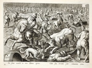 围栏中的大规模斗牛，插图来自&39;Venationes，Ferarum，Avium，Piscium&39;（狩猎：野兽，鸟类，鱼类），由Jan Collaert（1566-1628）雕刻，酒吧。作者：Phillipus Gallaeus，Amst 作者 扬·范德·斯特雷特