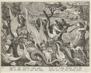 在印度用棍棒和火把照亮灌木丛中的蛇，出版。1640年版画。 作者 扬·范德·斯特雷特