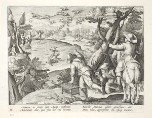 Fowlers捕捉乌鸦，插图来自&39;Venationes，Ferarum，Avium，Piscium&39;（狩猎：野兽，鸟类，鱼类），由Jan Collaert（1566-1628）雕刻，酒吧。作者：Phillipus Gallaeus，阿姆斯特丹（英国） 作者 扬·范德·斯特雷特