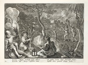 Fowlers在晚上捕捉鸟类，插图来自&39;Venationes，Ferarum，Avium，Piscium&39;（狩猎：野兽，鸟类，鱼类），由Jan Collaert（1566-1628）雕刻，酒吧。作者：菲利普斯加拉乌斯，阿姆斯特丹 作者 扬·范德·斯特雷特